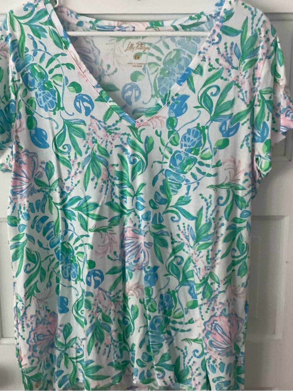 Lilly Pulitzer White V-Neck Tee with Blue, Green & Pink Floral Print
